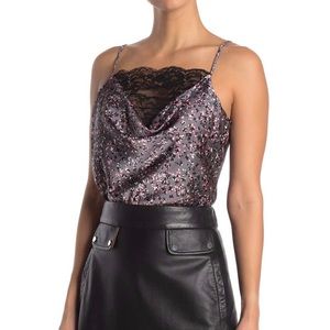 WAYF Cowl Neck Lace Trim Bodysuit Floral